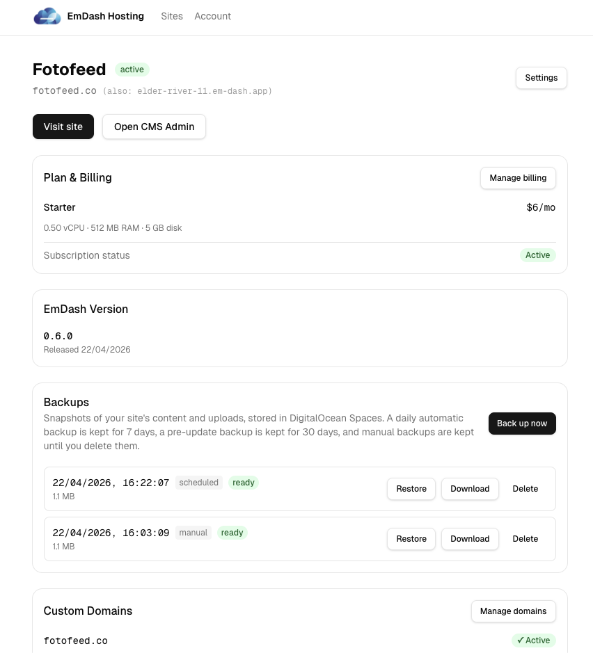 EmDash Hosting dashboard showing site details, plan & billing, version, backups, and custom domains